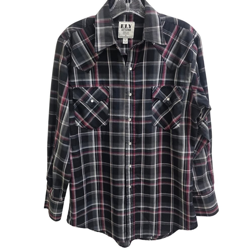 Ely Cattleman Red Black Plaid Pearl Snap Long Sleeve Shirt - Men's Size S